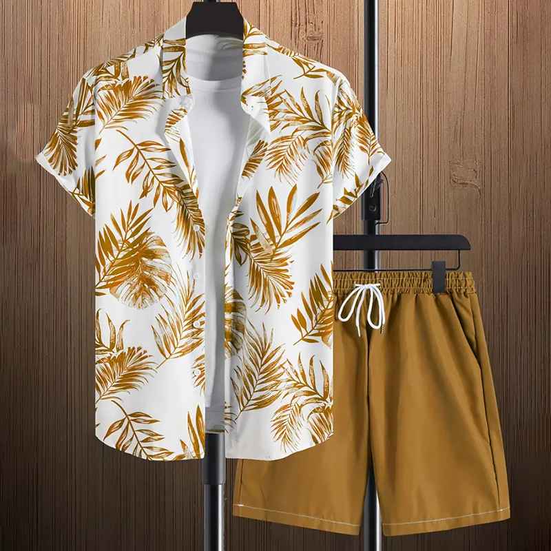 Men'S Formal Beach Wear - Stylish Lapel Button-Down Shirt Shorts Set