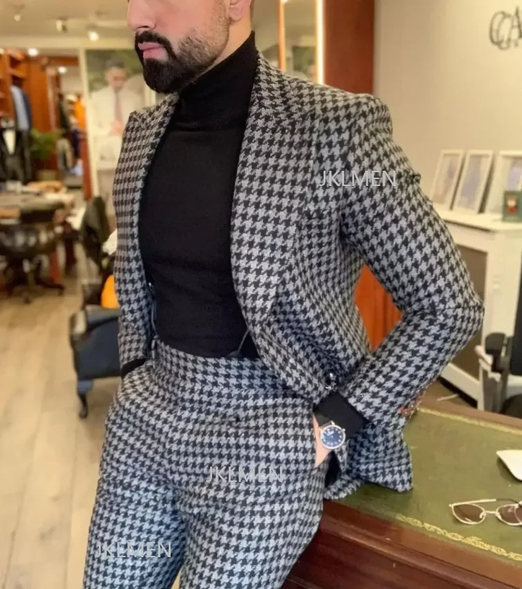 Men'S Vintage Formal Wear - Houndstooth Mens Suits 2PCS Wedding Tuxedos