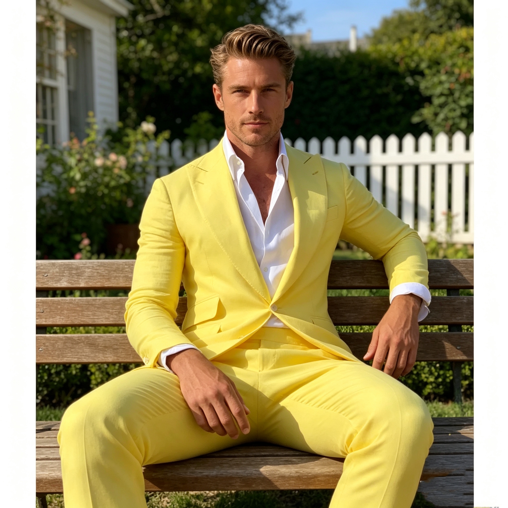 Wool Suit Jacket - Slim Fit Yellow Men's 2-Piece Groom
