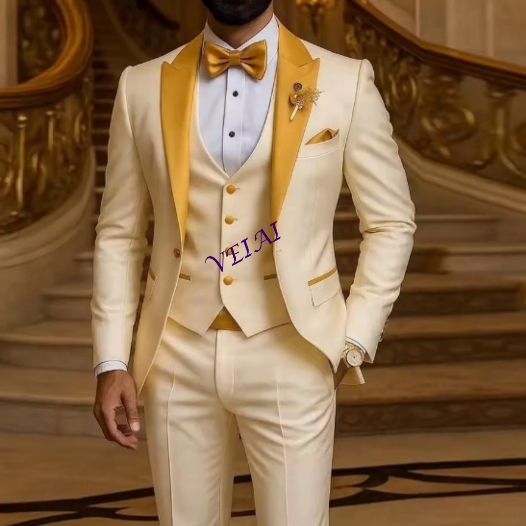 Men'S Used Formal Wear - CustomizedGold Collar Ivory Men Suit Wedding