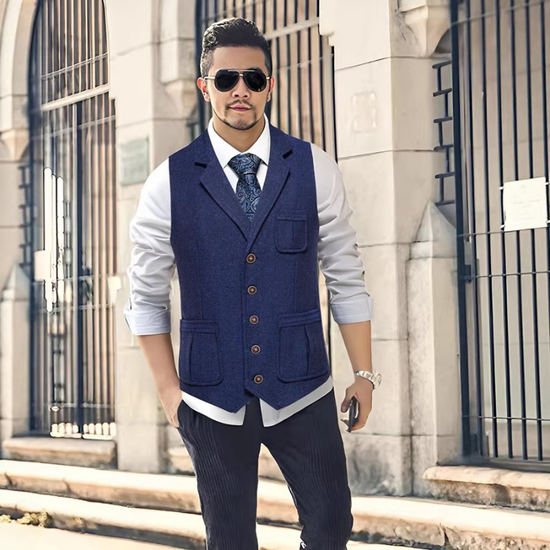 Men'S Vintage Formal Wear - Men's Herringbone Tweed Suit Vest Notch
