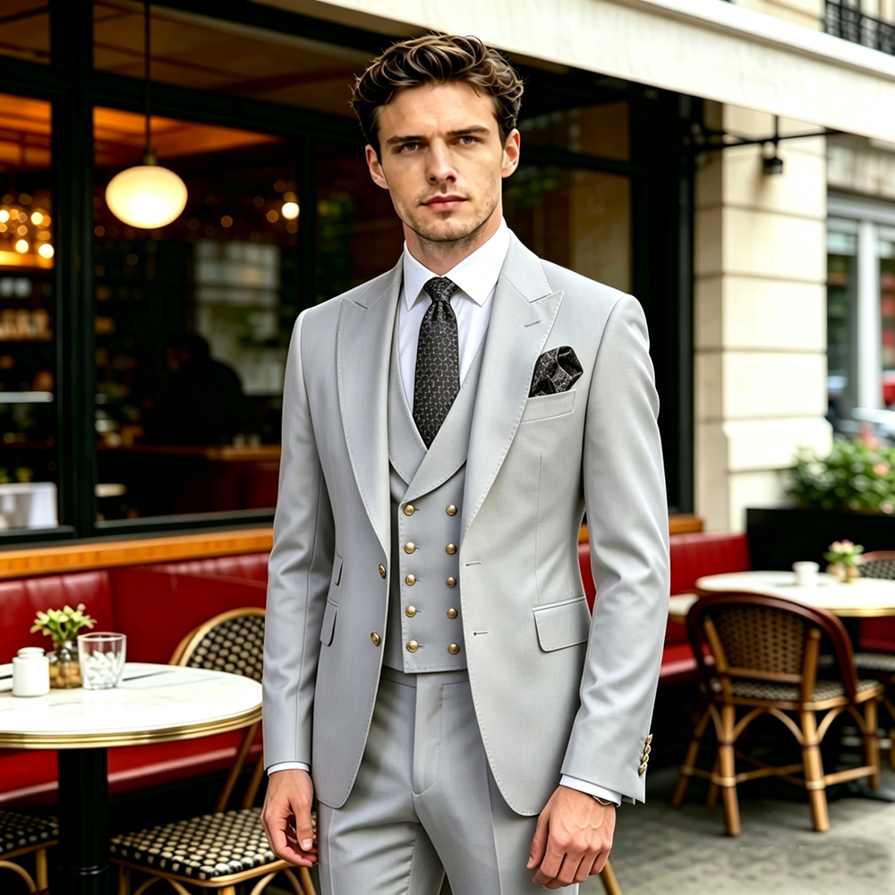 Wool Suit Jacket - Black White Peaked Lapel Men Suit