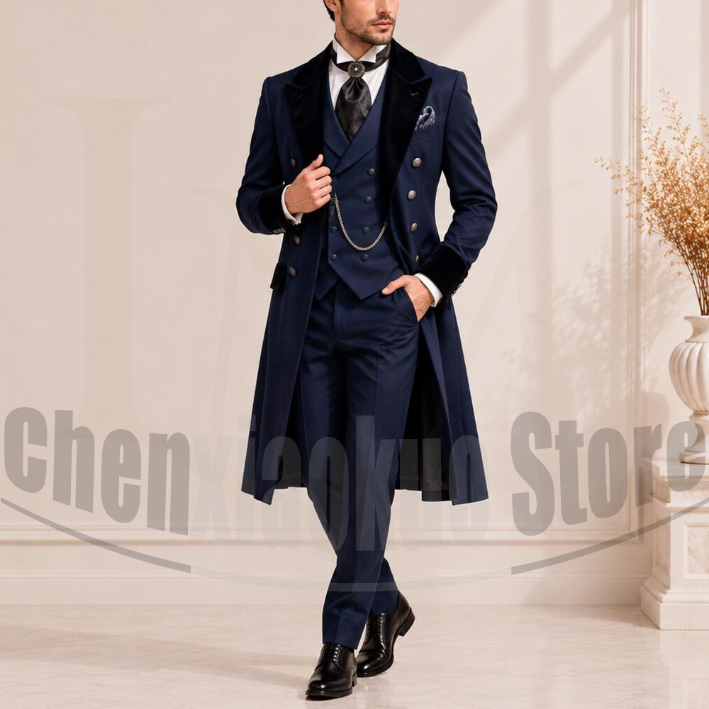 Men'S Vintage Formal Wear - Chic Velvet Peak Lapel Long Men
