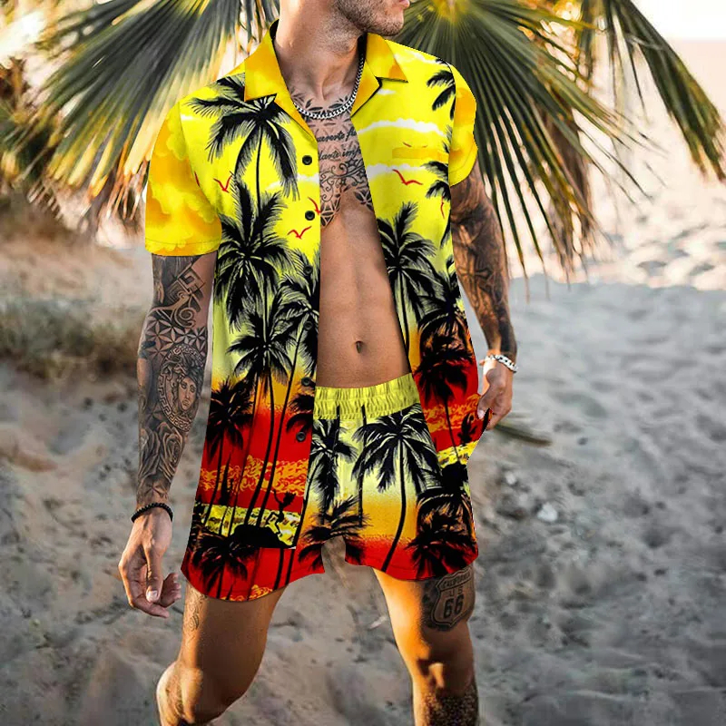 Men'S Formal Beach Wear - Hawaiian Men Cardigan 2Pcs Sets Summer
